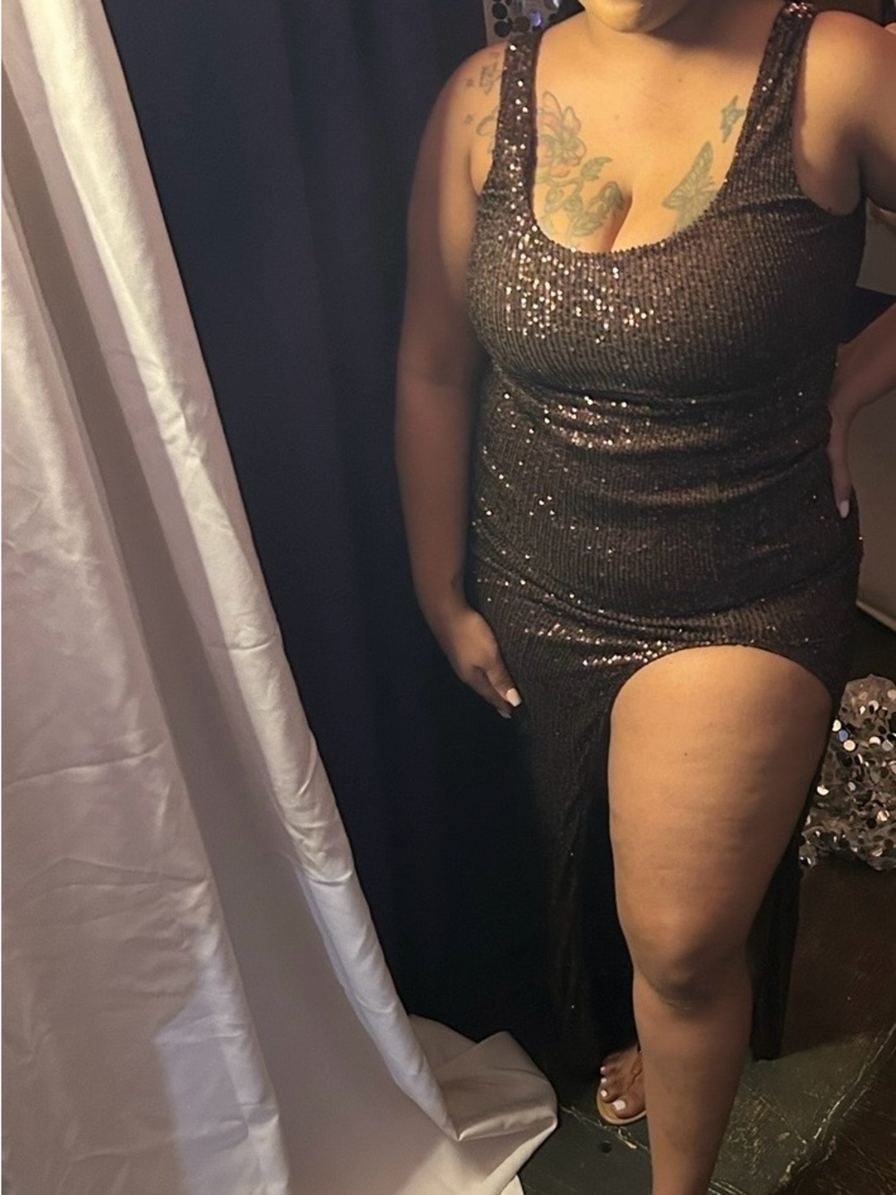 Sequin Scoop Neck Brown High-Slit Dress